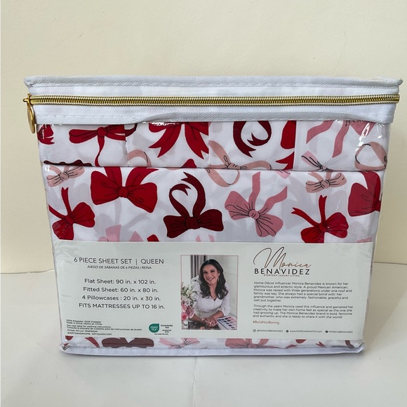 Monica  Benavidez QUEEN Red Bow 6pc Sheet Set - Picture 2 of 4